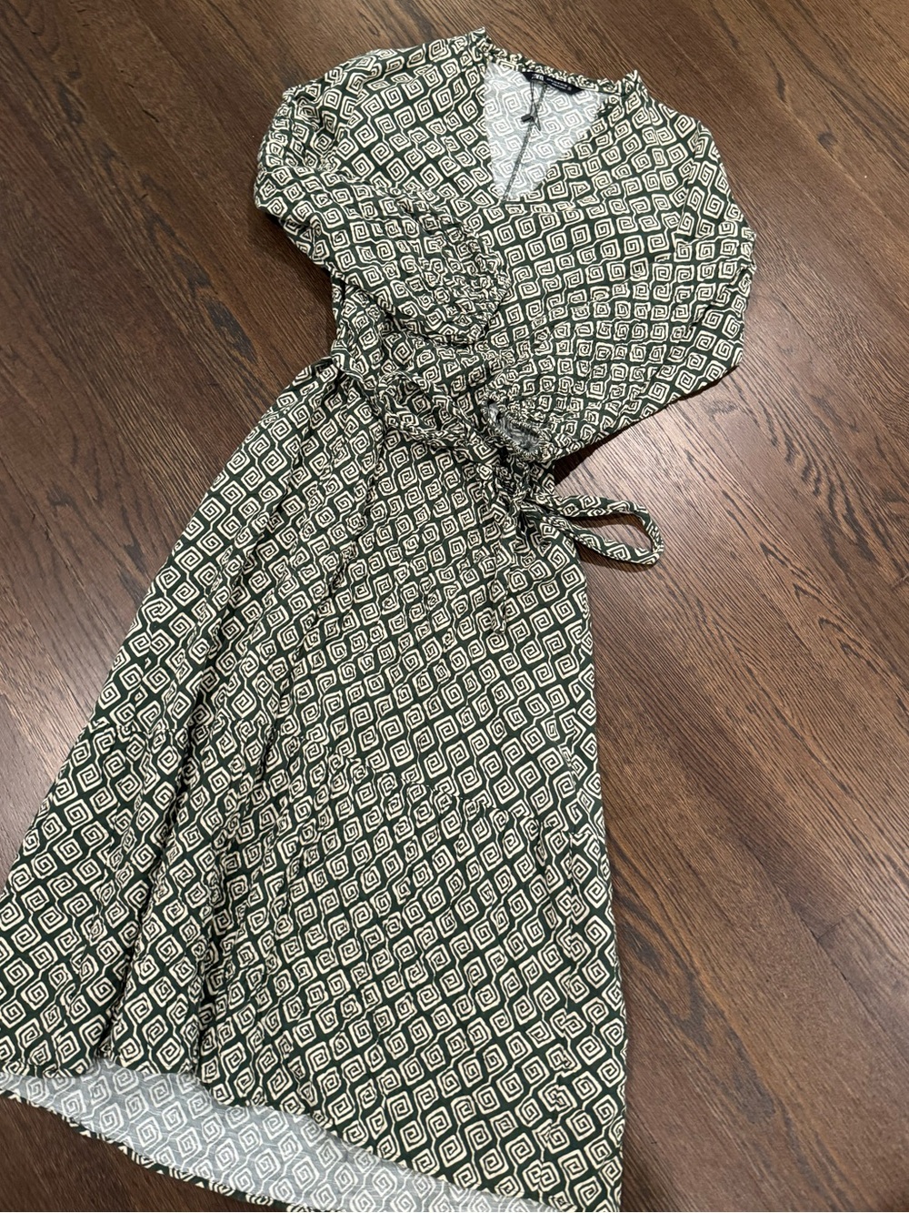 Zara Olive Green Geometric Midi Wrap Dress